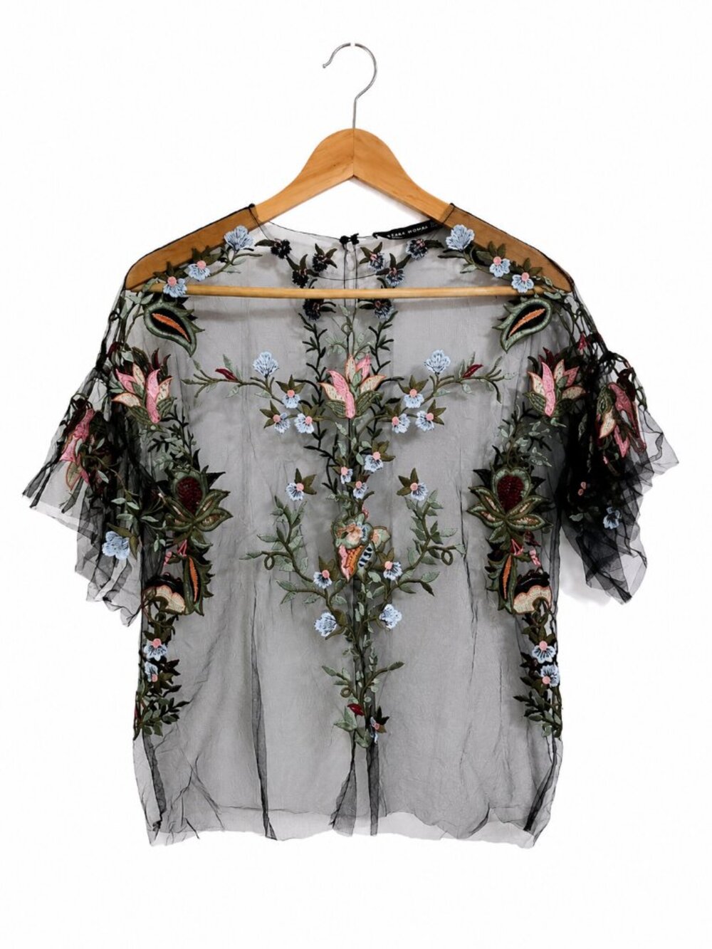 ZARA Woman Sheer Embroidered Floral Mesh Top Size Small Boho Romantic Festival